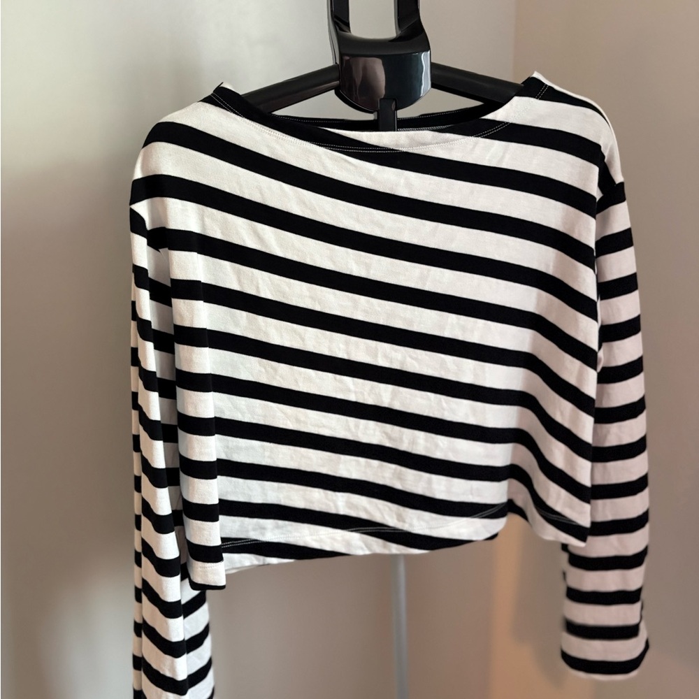 Maeve Black and White Striped Boatneck Bell Sleeve Knit Crop Top